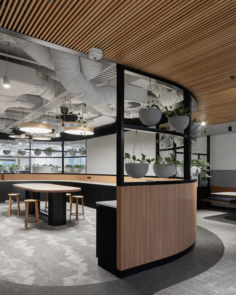 Office space with timber paneling.