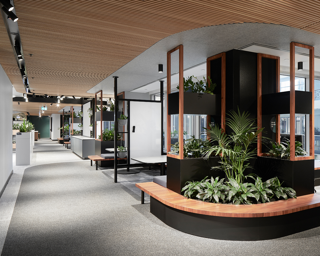 Office space with timber paneling.